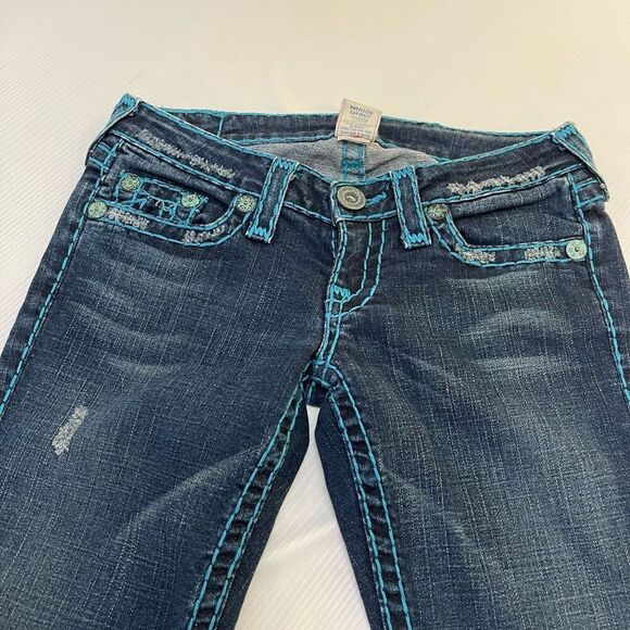 True Religion Joey Super T Denim Blue Stitch Jeans Size 26 Rare - Picture 2 of 11